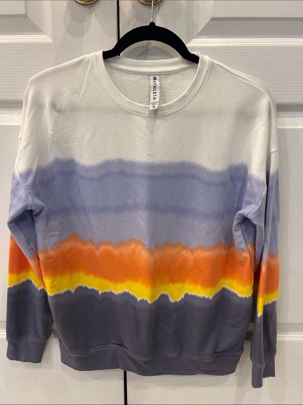 Athleta Tie-Dye Crewneck Sweater in White, Purple, Orange, Yellow, Gray